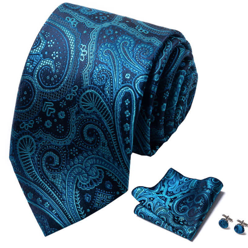 3Pcs Men's Teal Paisley Necktie Set