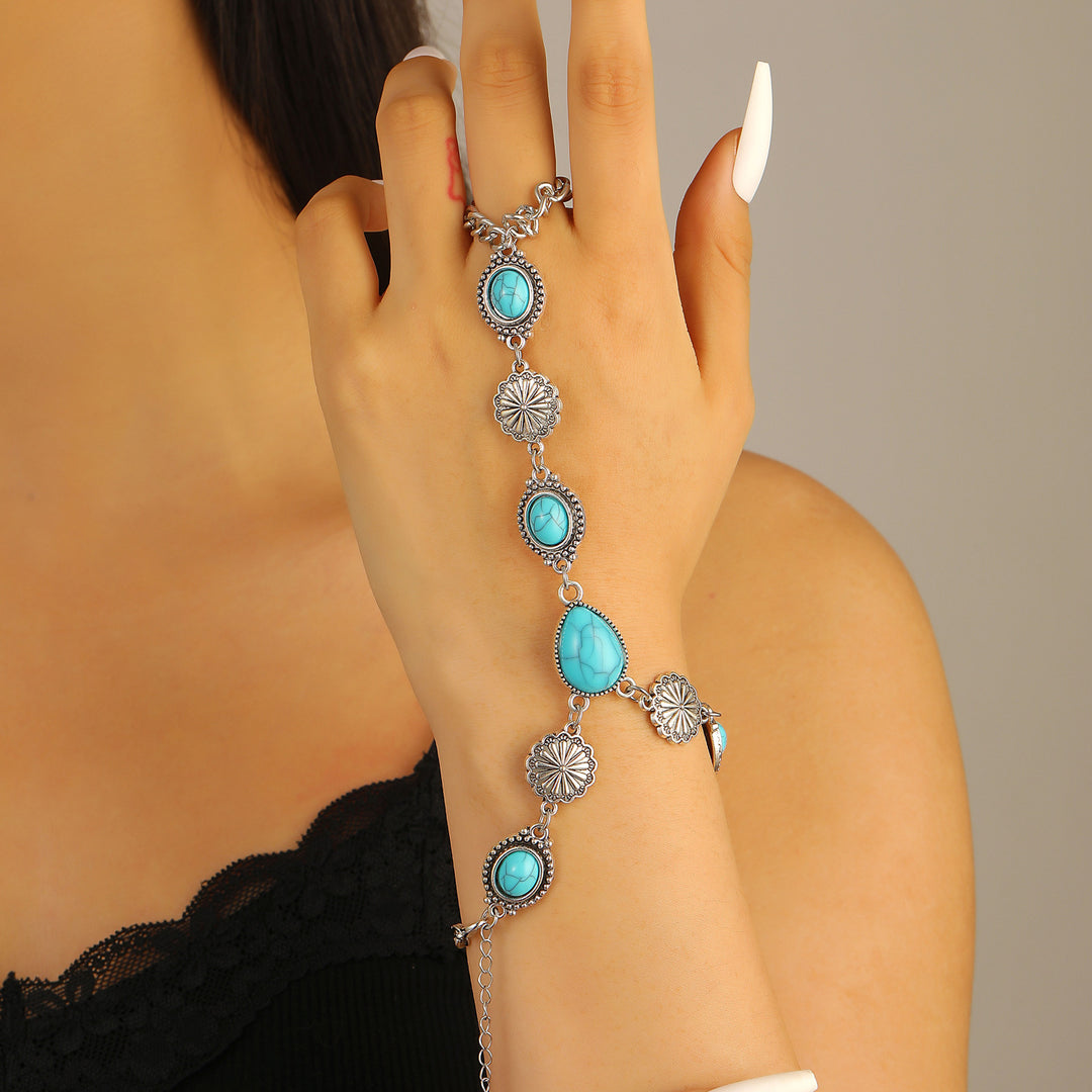 Vintage Boho Oval Teardrop Red Turquoise Silver‑tone Floral Chain Hand Harness Bracelet - Green - image 2