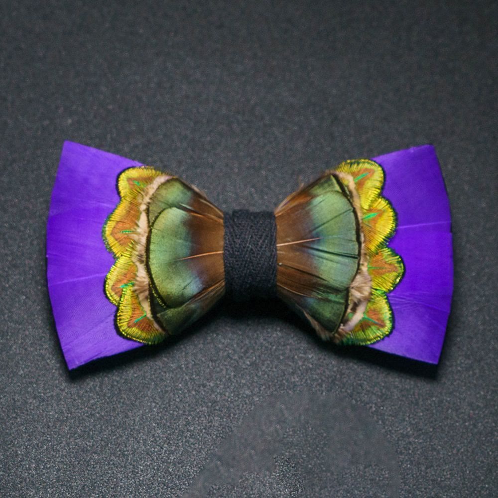 Purple & Green Royal Feather Bow Tie with Lapel Pin