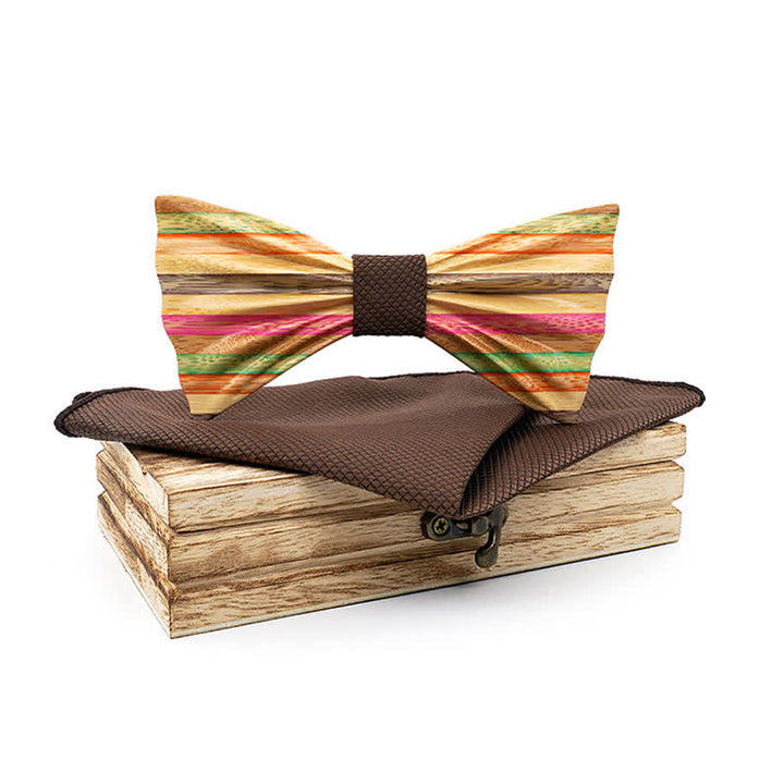 2Pcs Men's Rainbow Wrinkle Wooden Bow Tie Set