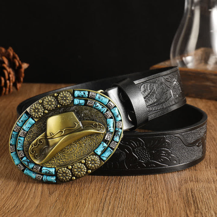 Men's Cowboy Gold Hat Turquoise Decor Leather Belt