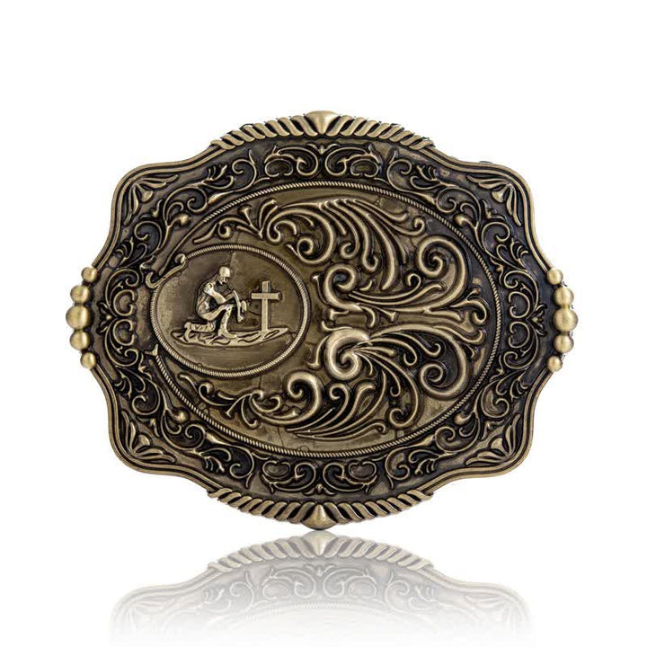 Men's DIY Engraved Floral Earnest Prayer Buckle Leather Belt