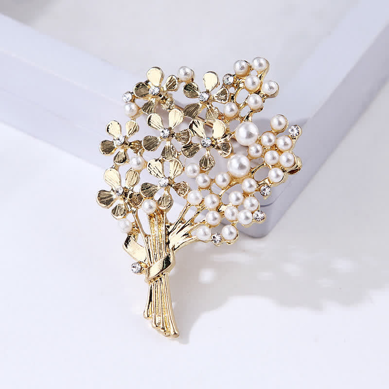 Women's Pearl Bouquet Of Gold Flowers Brooch