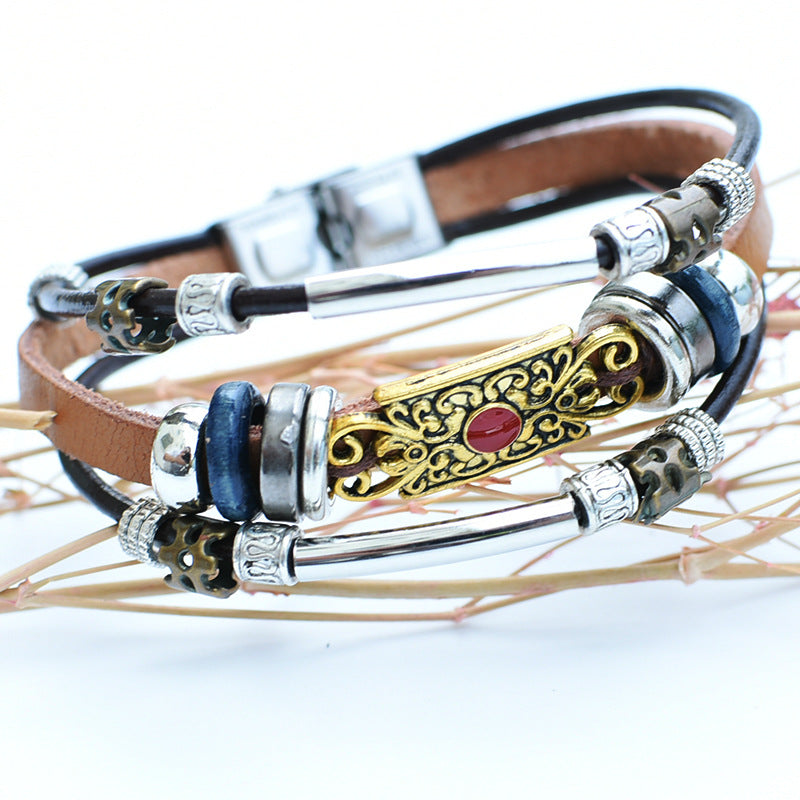 Men's Vintage Western Leather Blue Stone Filigree Bracelet - Golden - image 8