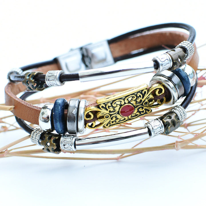 Men's Vintage Western Leather Blue Stone Filigree Bracelet - Golden - image 8