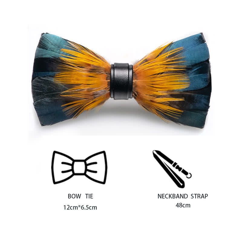 ForestGreen & Yellow Kingfisher Feather Bow Tie with Lapel Pin