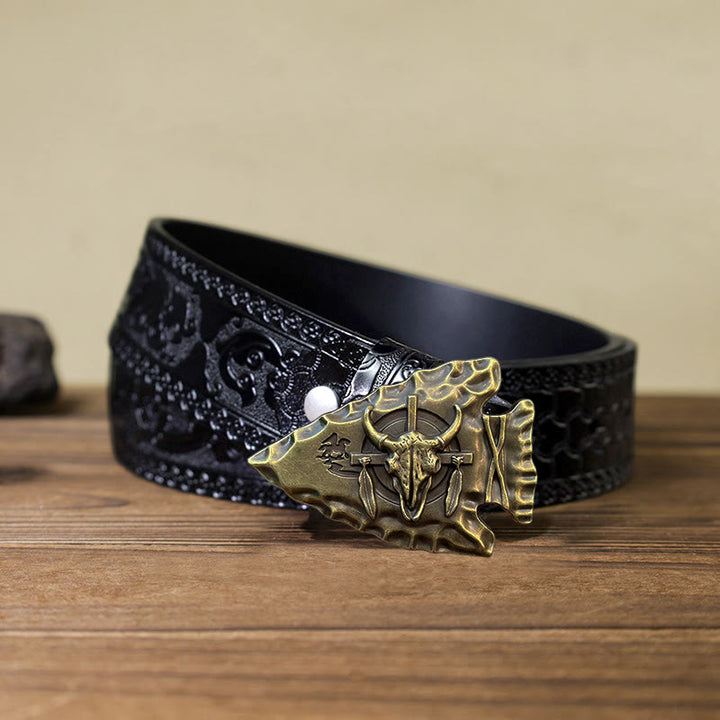 Men's DIY Arrowhead Shaped Bull Buckle Leather Belt