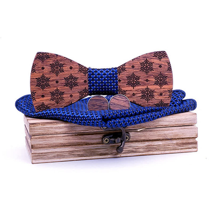 3Pcs Men's Snowflakes Pattern Christmas Wooden Bow Tie Set