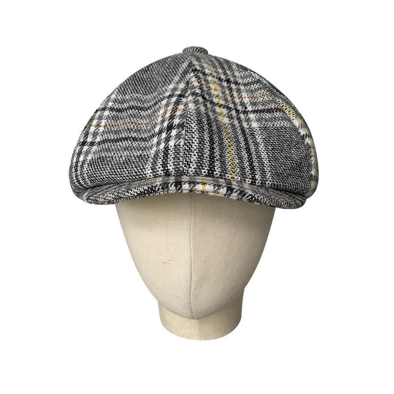 Gray Plaid Yellow Stripes Newsboy Beret Cap