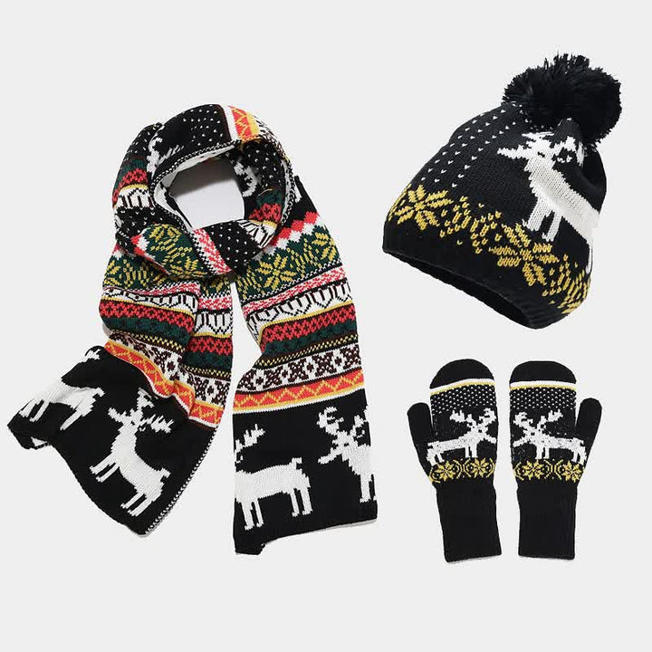 3Pcs Women's Christmas Elk Jacquard Hat Scarf Gloves Set