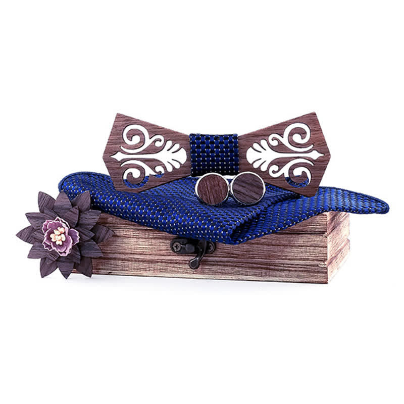 4Pcs Men's Hollow Flower Pattern Wooden Bow Tie Set