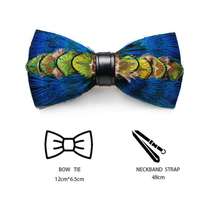 Blue & Green-yellow Feather Bow Tie with Lapel Pin