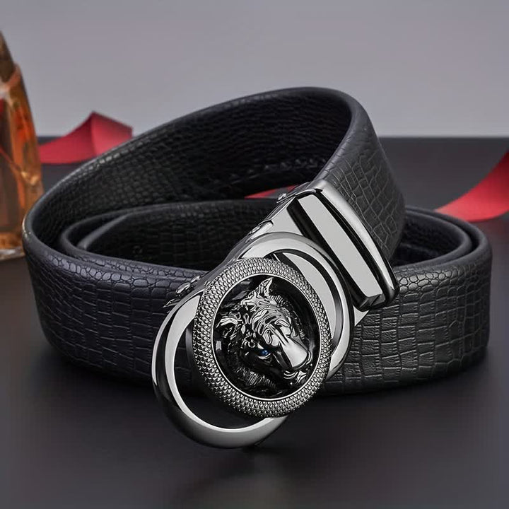 Men's Snake Pattern Leopard Head Buckle Leather Belt