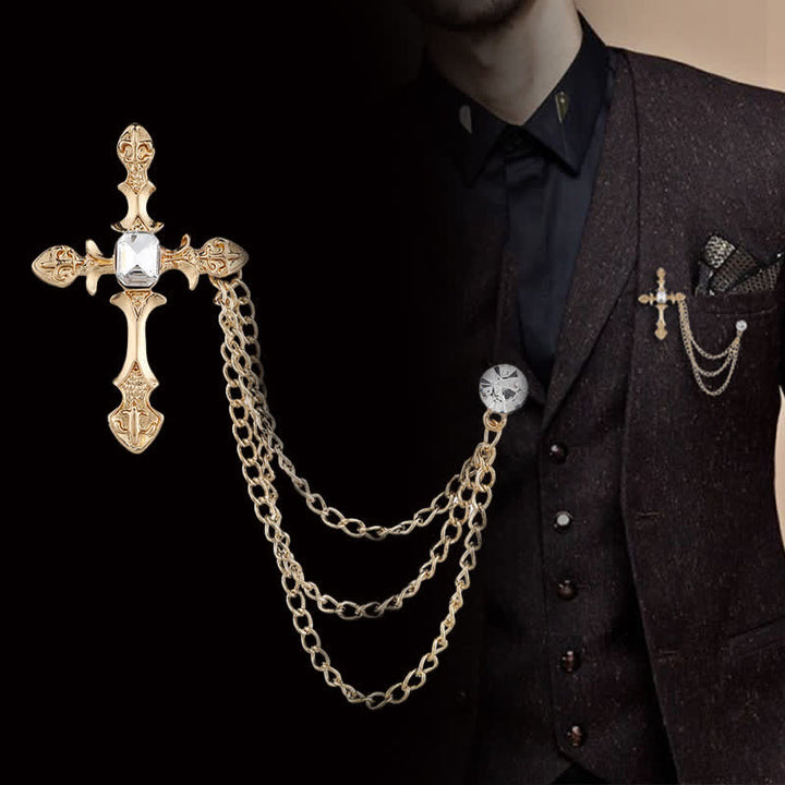 Men's Classic Cross Crystal Chain Brooch