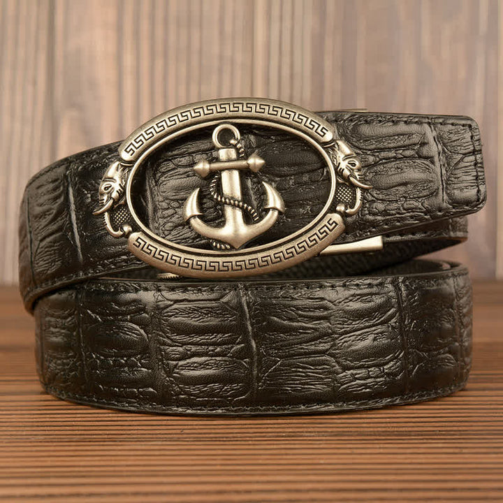 Men's Nautical Anchor Crocodile Embossed Leather Belt