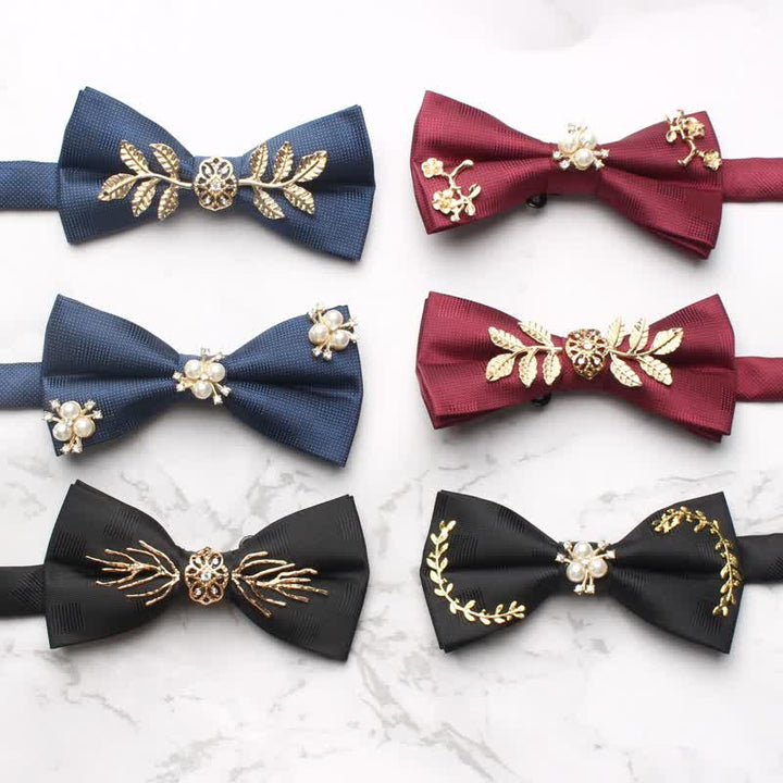 Men's Gold Leaves Pearl Floral Bow Tie