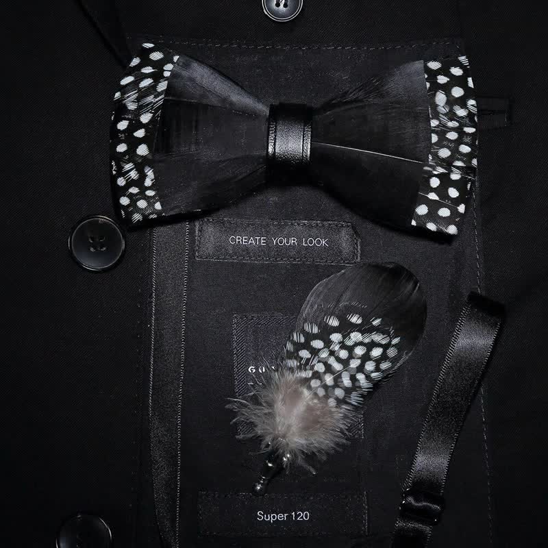 Kid's Black Polka-dotted Feather Bow Tie with Lapel Pin