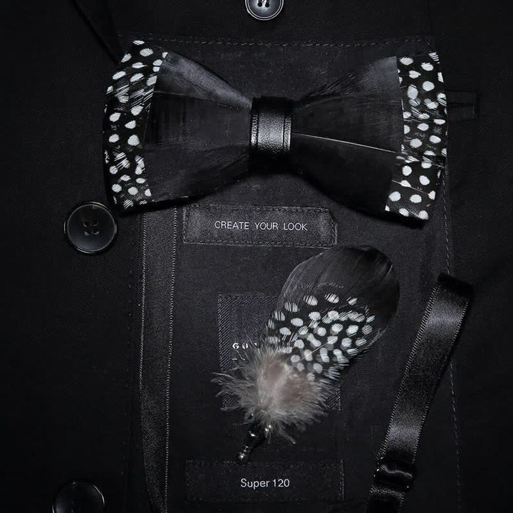 Black Polka-dotted Feather Bow Tie with Lapel Pin