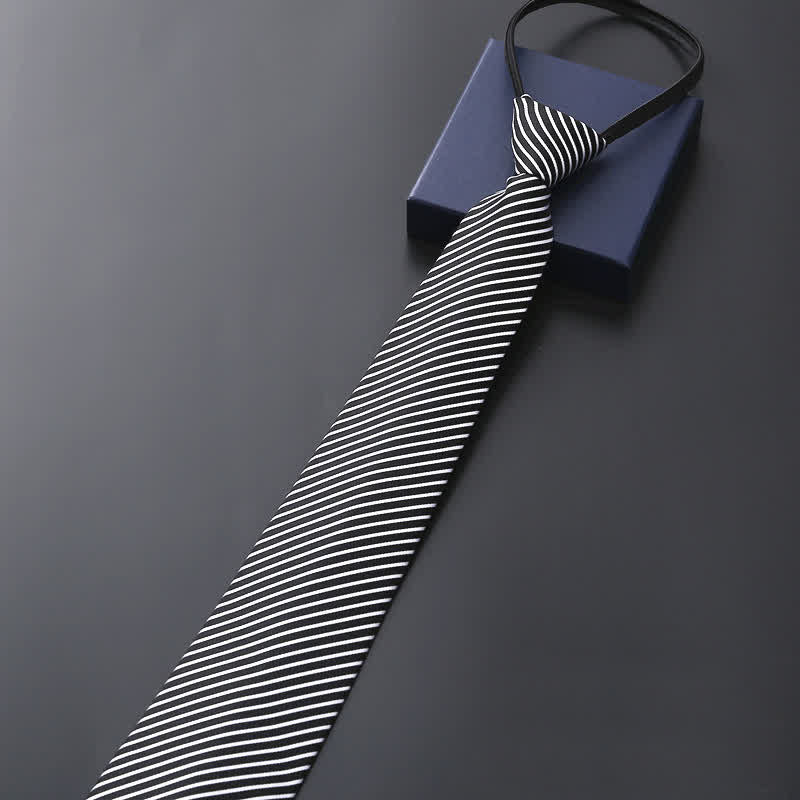 Men's Official Zipper Tie Wedding Necktie - Black & White Striped - image 1