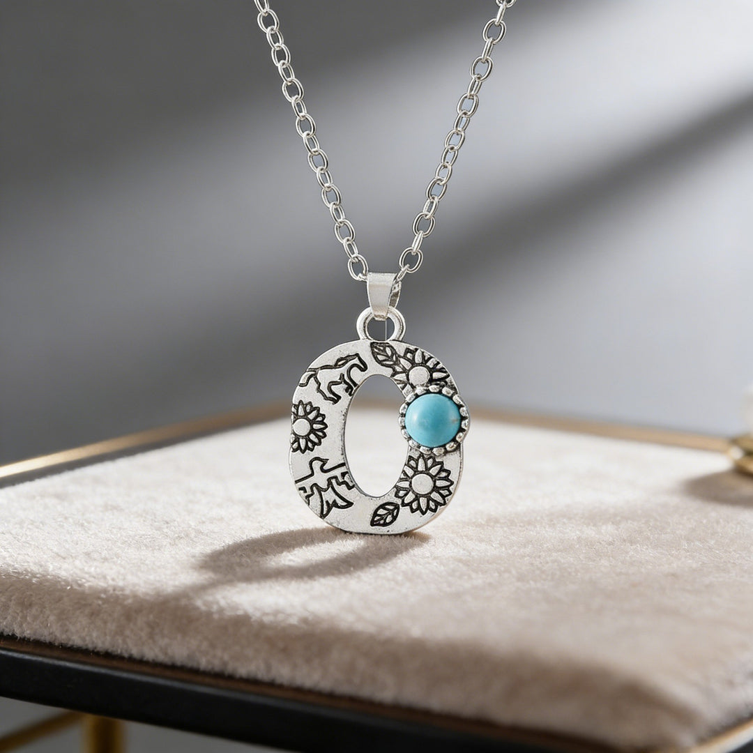 Vintage Initial Letter Turquoise Charm Necklace - O - image 16