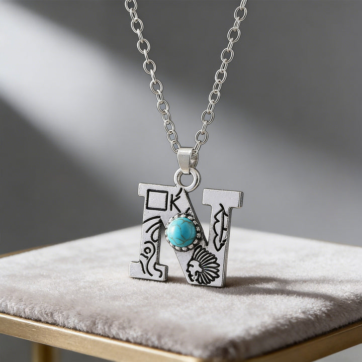 Vintage Initial Letter Turquoise Charm Necklace - N - image 14