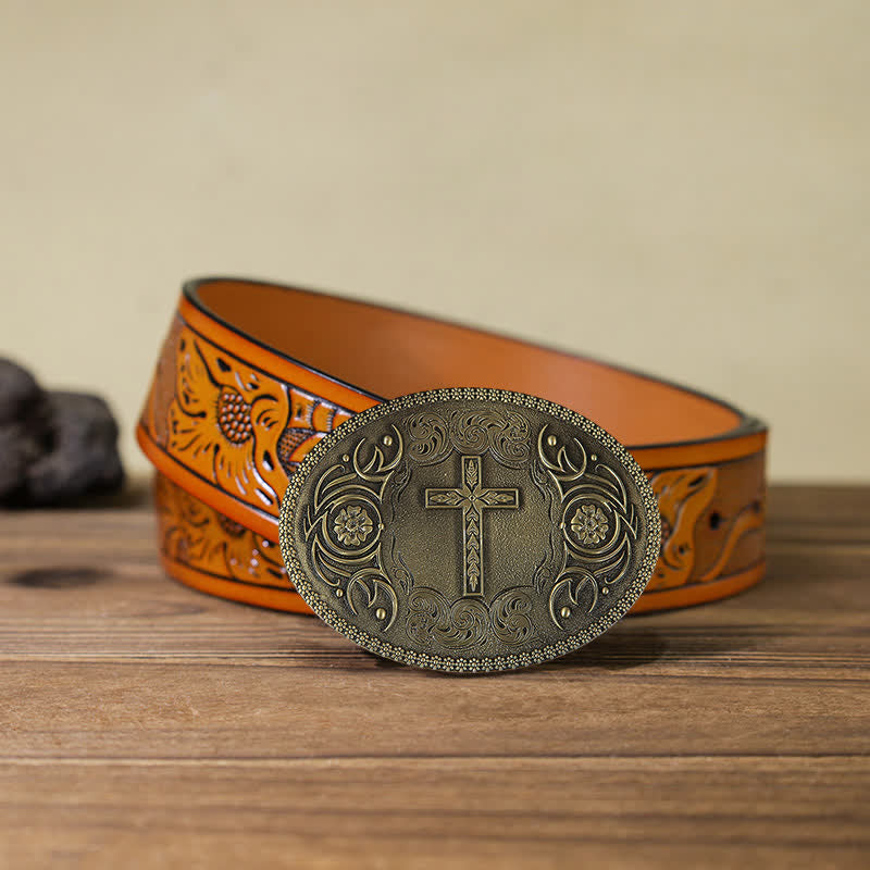 Men's DIY Carved Cross Flower Buckle Leather Belt