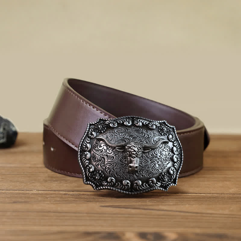 Men's DIY Longhorn Bull Antiqued Silver Buckle Leather Belt