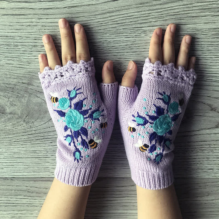 Women's Flower Embroidered Half Finger Knit Gloves