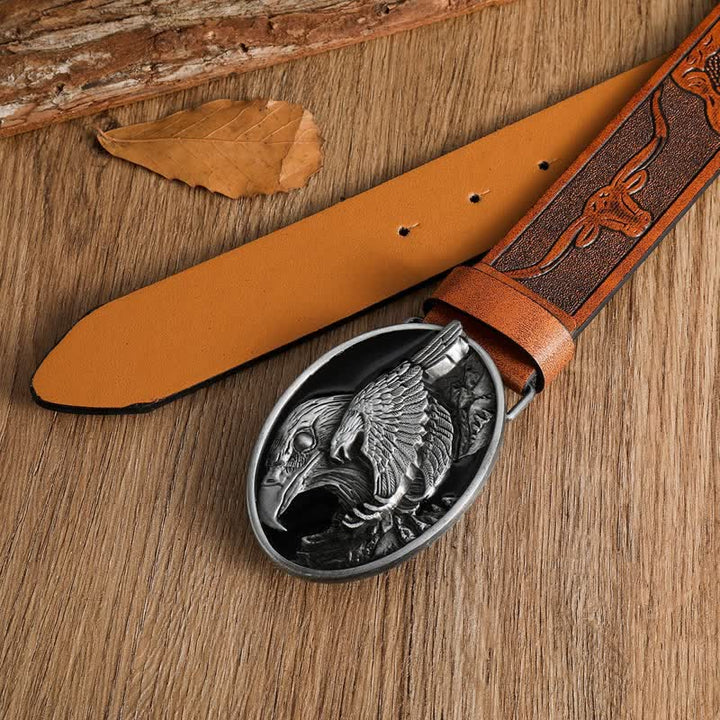 Men's Carved Bald Hawk Eagle Buckle Leather Belt