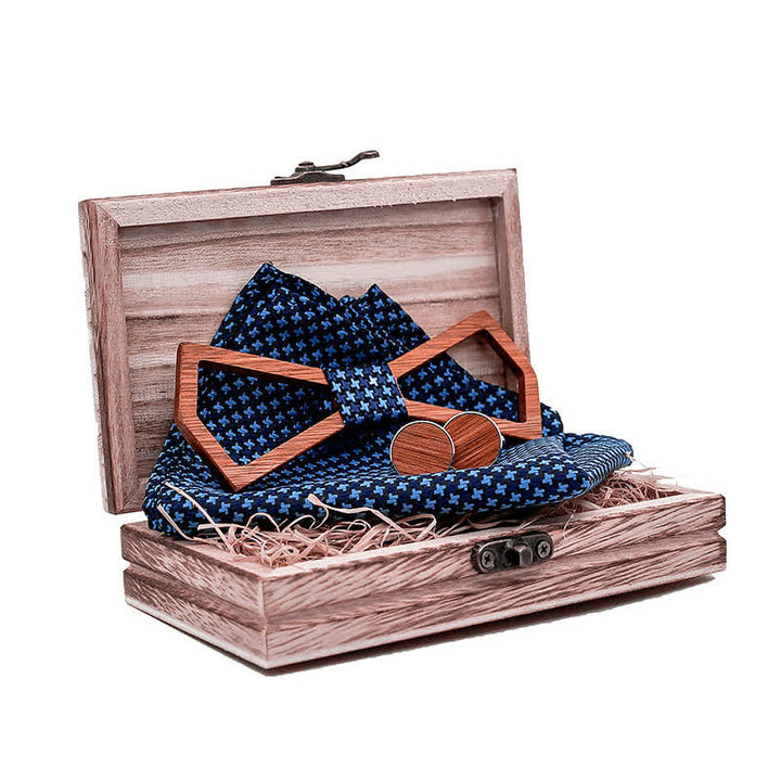 3Pcs Men's Hollow Carved Design Wooden Bow Tie Set