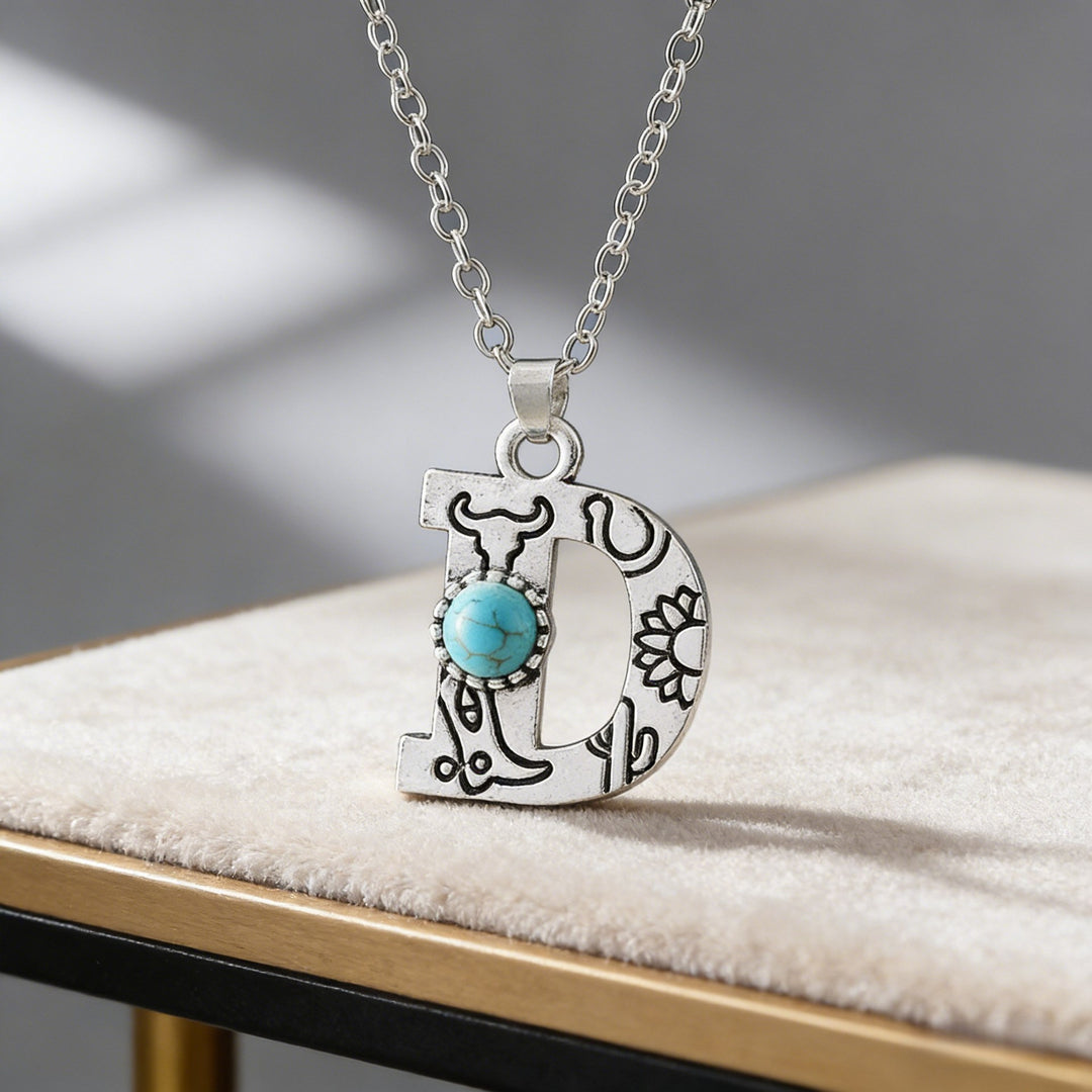 Vintage Initial Letter Turquoise Charm Necklace - D - image 6
