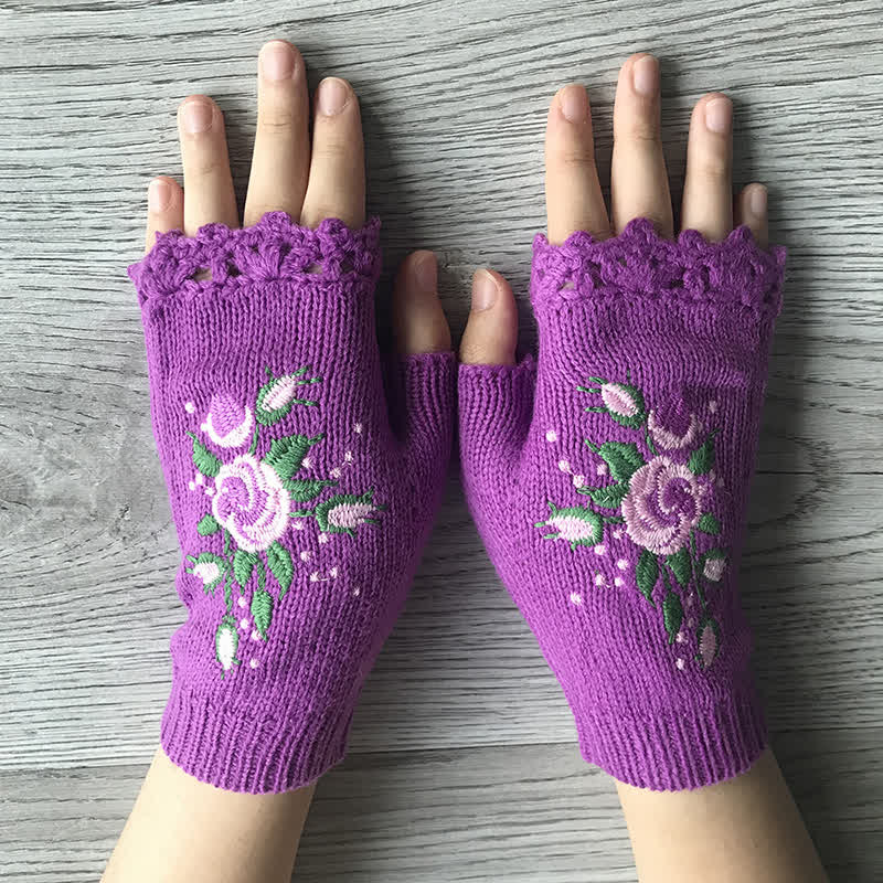 Women's Flower Embroidered Half Finger Knit Gloves