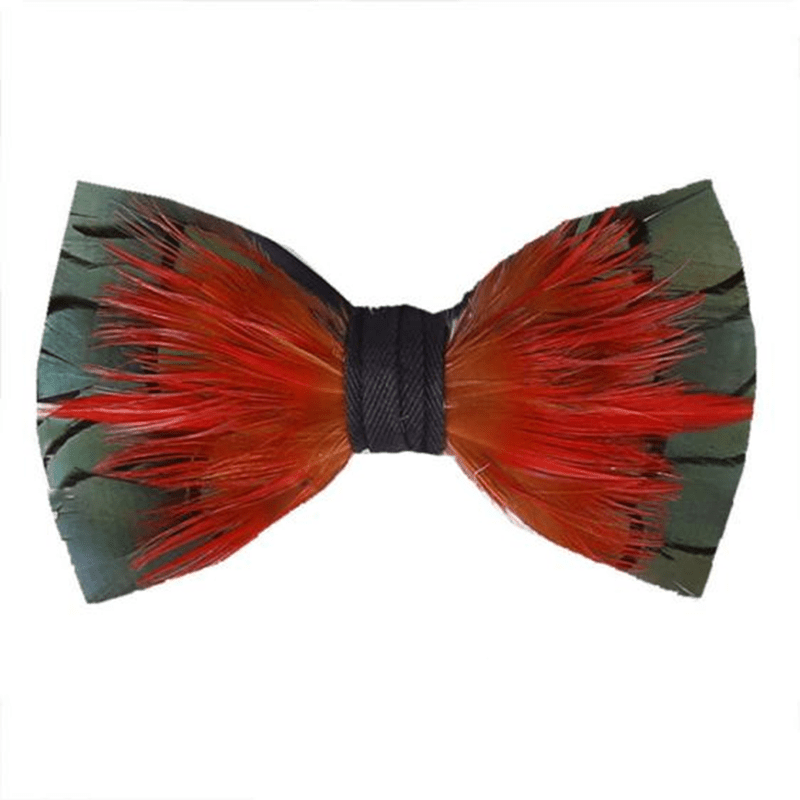 Hot Red & DarkGreen Feather Bow Tie with Lapel Pin - Red & DarkGreen - image 0