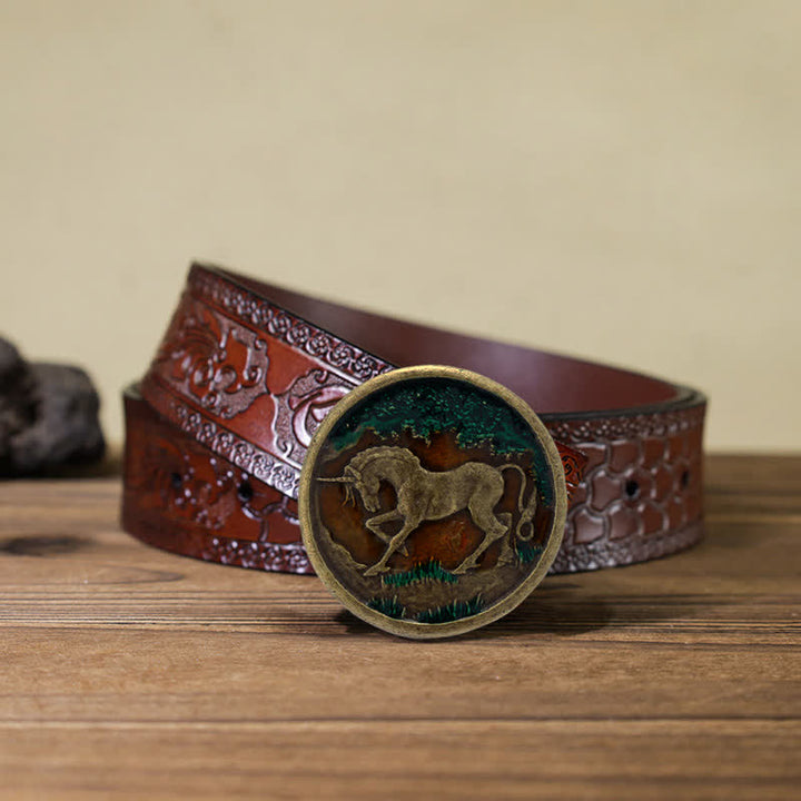 Men's DIY Mystical Unicorn Antique Bronze Buckle Leather Belt