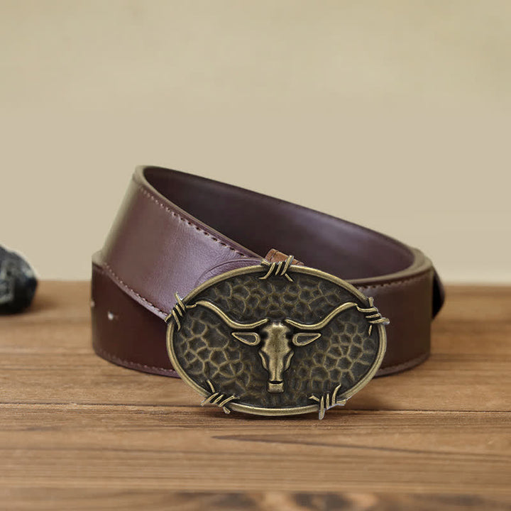 Men's DIY Cowboy Bull Head Hammered Buckle Leather Belt