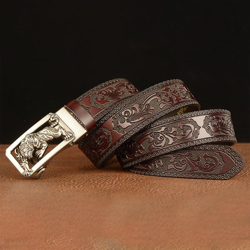 Men's Tiger Buckle Floral Embossed Leather Belt