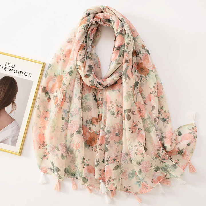 Women's Thin Lovely Butterfly Floral Tassel Scarf