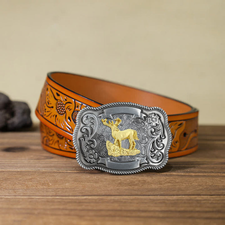 Men's DIY Gold Carving Animal Buckle Leather Belt - Deer - Orange Carved Belt (40) - image 36