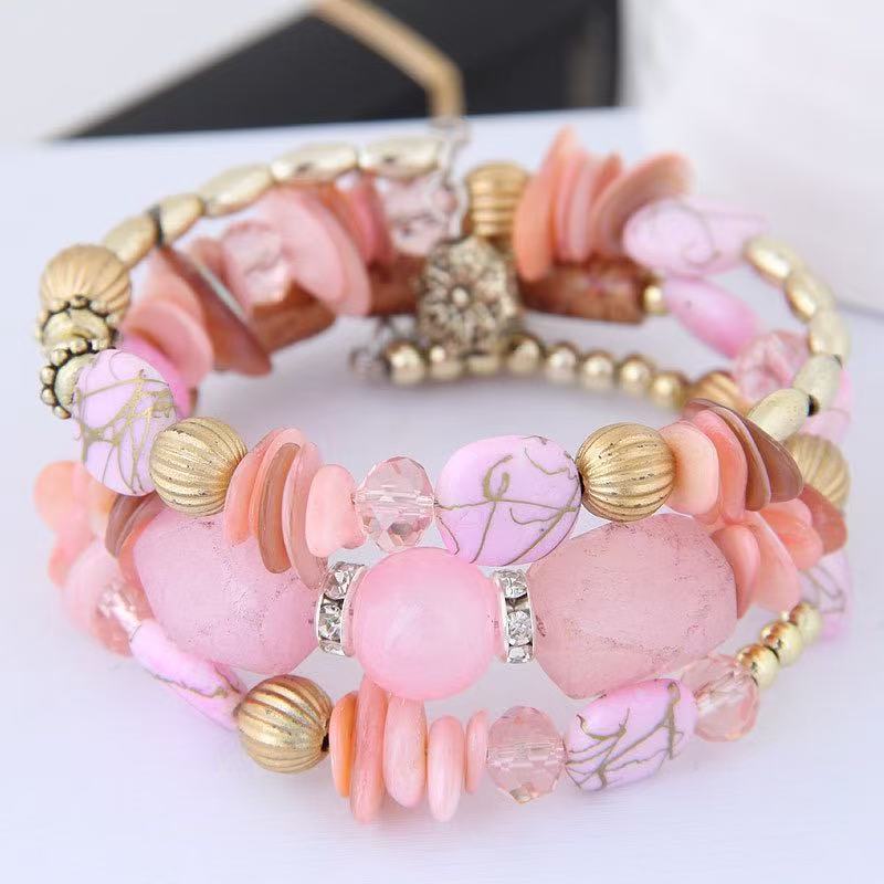 Vintage Bohemian Multi-layer Turquoise Agate Crystal Beaded Bracelet - Light Pink - image 5