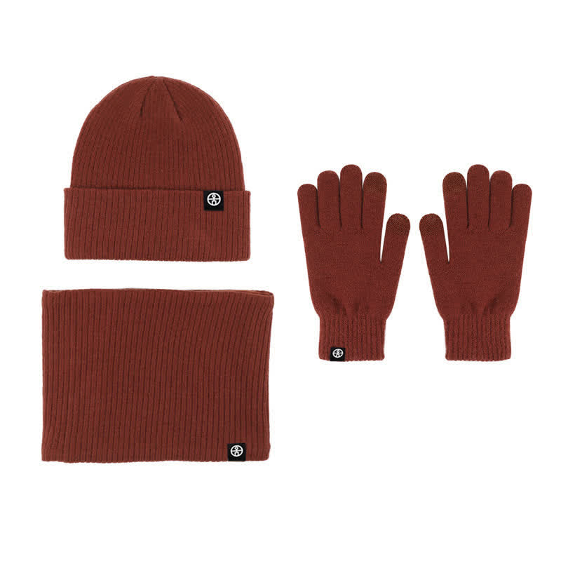 3Pcs Unisex Solid Color Soft Hat Scarf Gloves Set