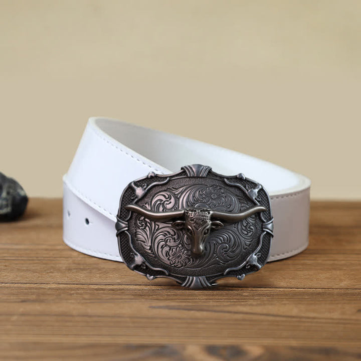 Men's DIY Silver Longhorn Bull Square Buckle Leather Belt