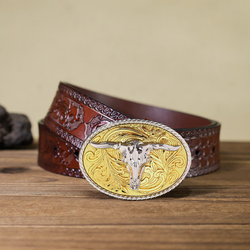 Men's DIY Shining Golden Bull Head Buckle Leather Belt