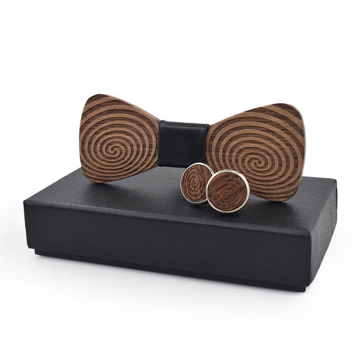 2Pcs Men's Hypnosis Swirl Printing Wooden Bow Tie Set