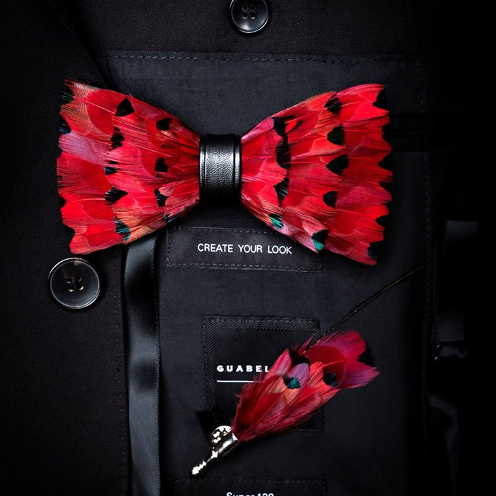 Red Finch Tail Feather Bow Tie with Lapel Pin