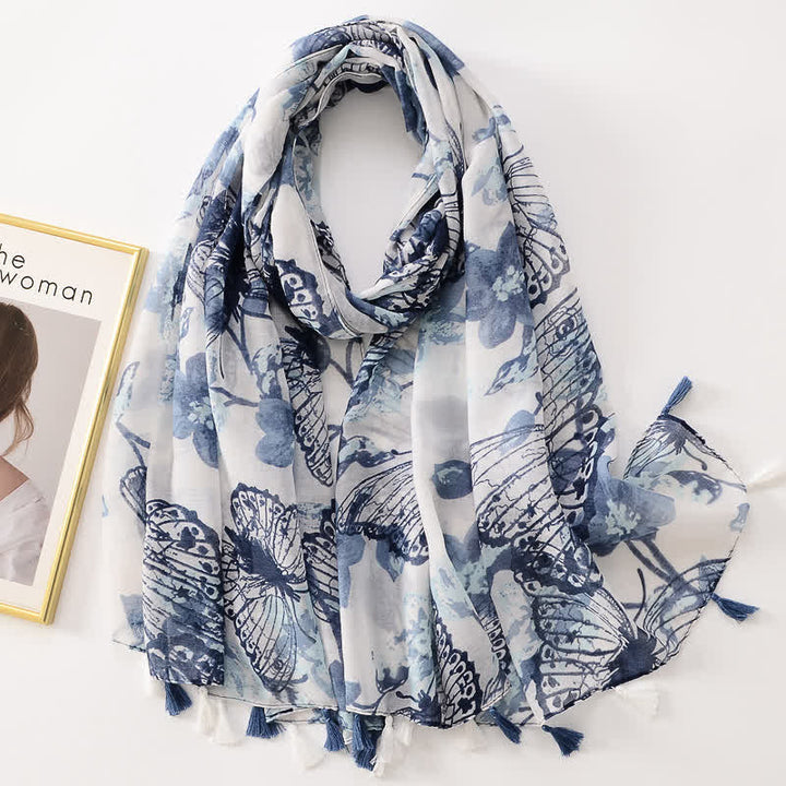 Women's Thin Lovely Butterfly Floral Tassel Scarf