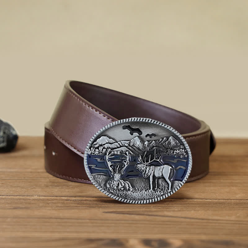 Men's DIY Enamel Wild Life Deer Buckle Leather Belt