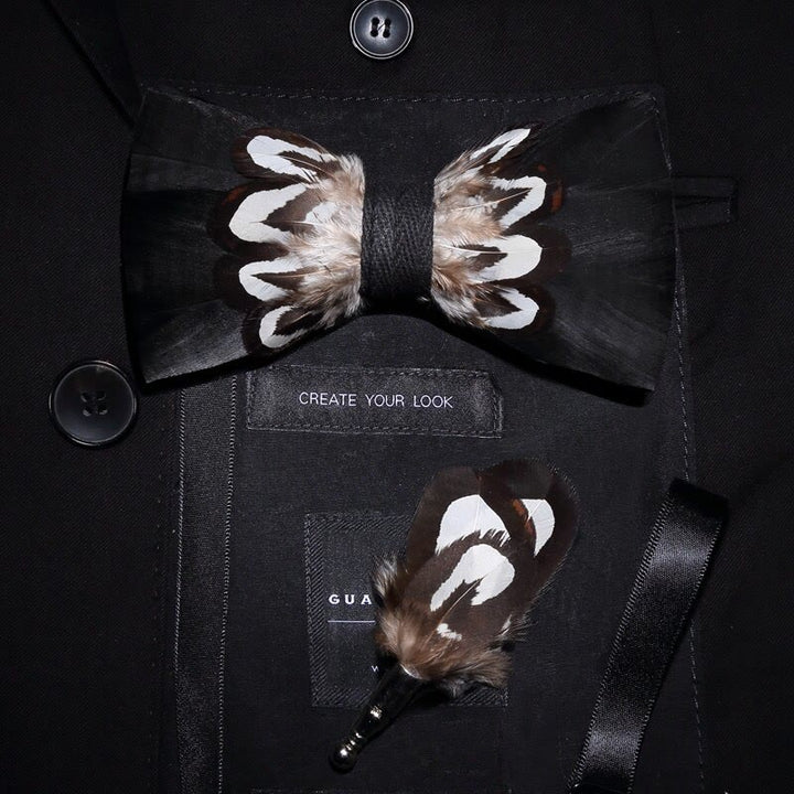 Kid's Black & White Pattern Feather Bow Tie with Lapel Pin