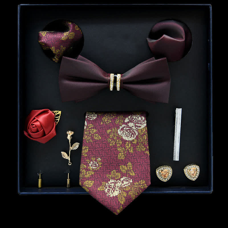 8Pcs Burgundy&FireBrick Floral Casual Necktie Bow Ties Gift Box - Burgundy&FireBrick - image 0
