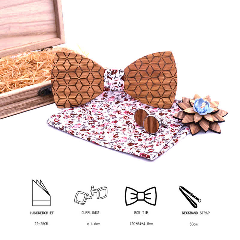 4Pcs Men's Geometric Carving Wooden Bow Tie Set