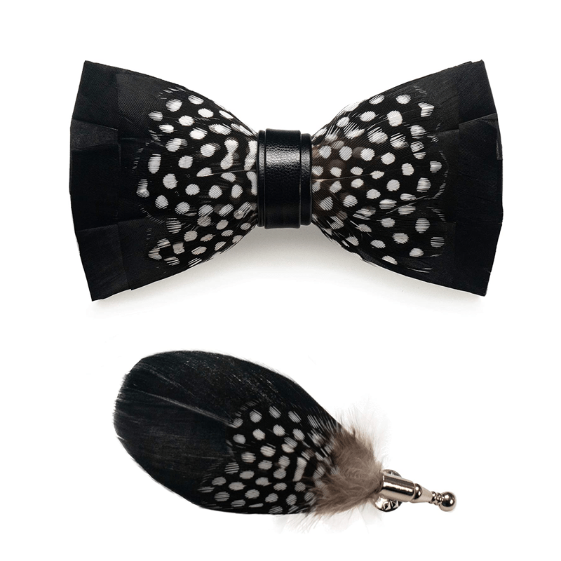 Black & White Dots Feather Bow Tie with Lapel Pin